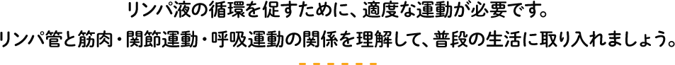 リンパ液の循環を促すために、適度な運動が必要です。
リンパ管と筋肉・関節運動・呼吸運動の関係を理解して、普段の生活に取り入れましょう。